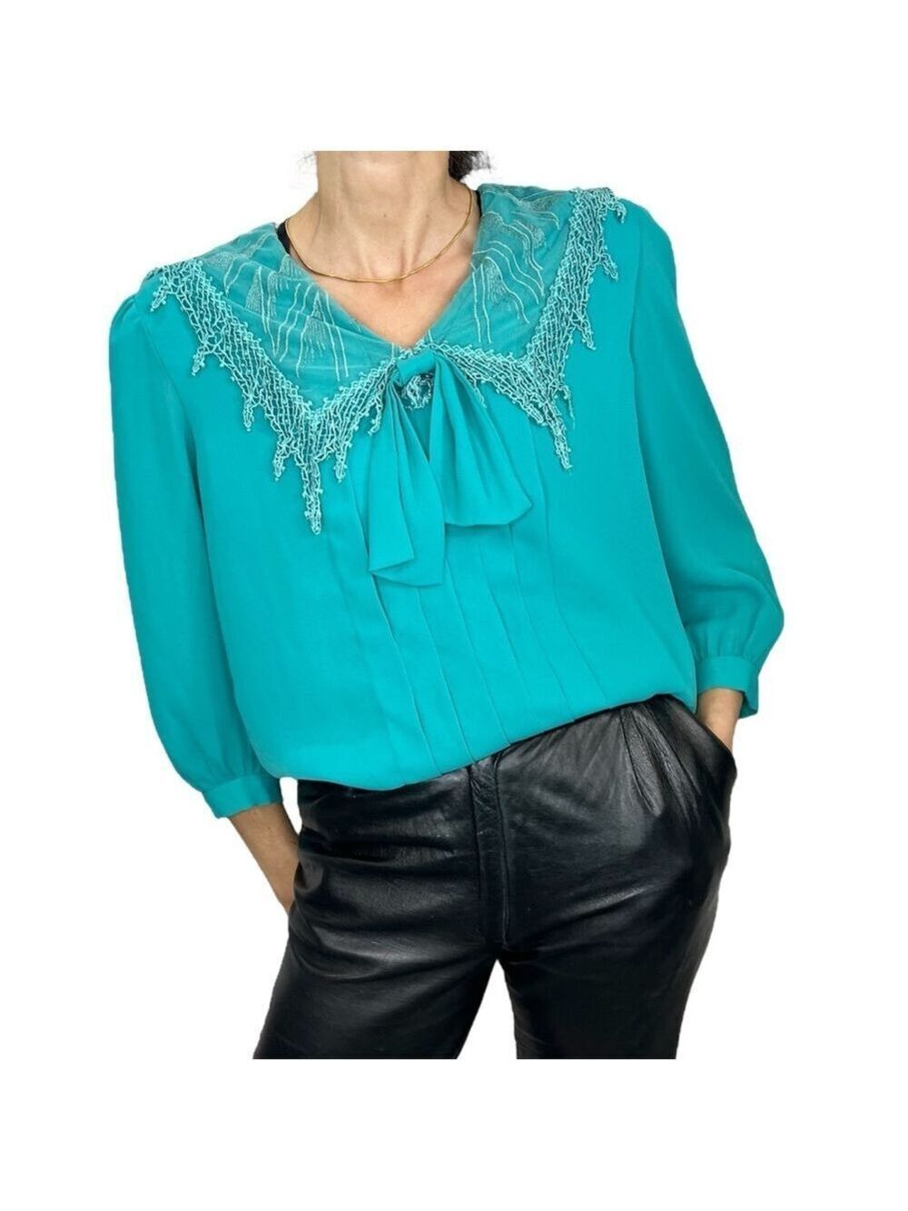 Vintage 80s Lori Ann teal turquoise chiffon lace collar tie neck blouse …